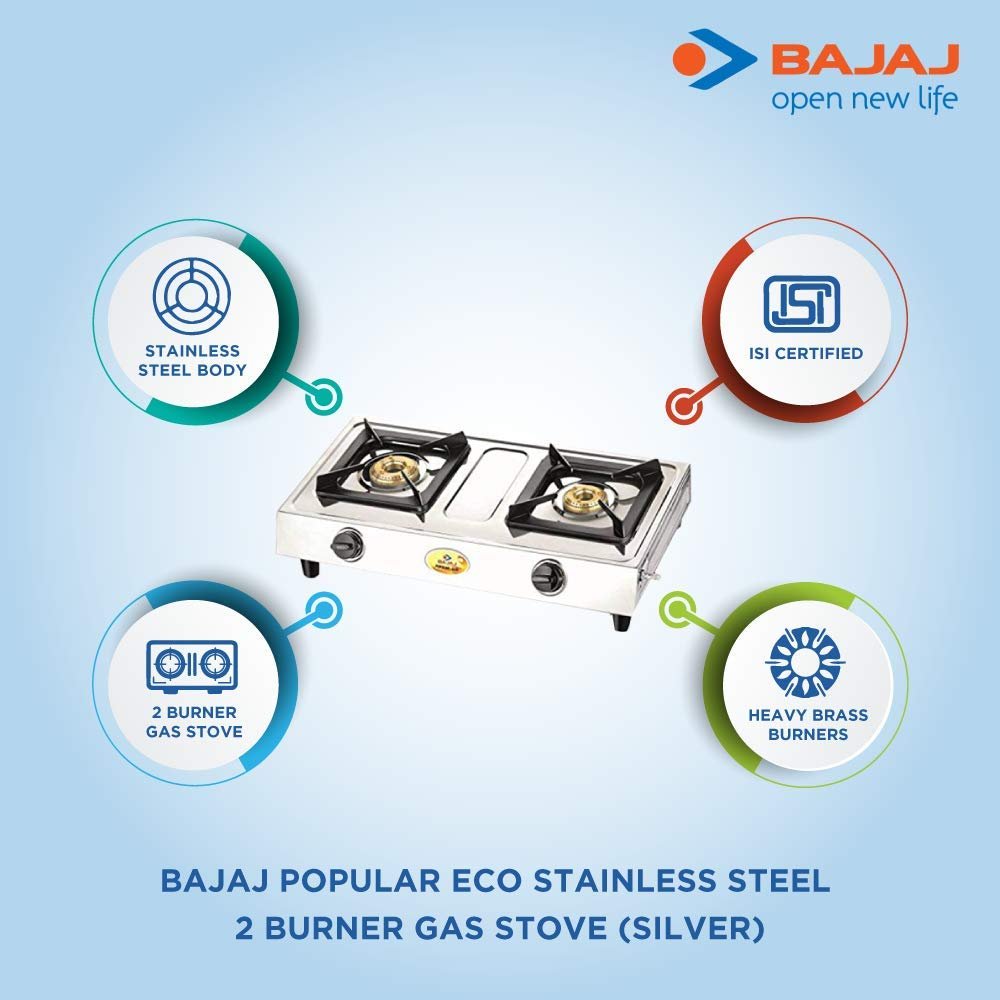 Bajaj Popular Eco Gas Stove | 2-Burner | Stainless Steel | ISI Certified