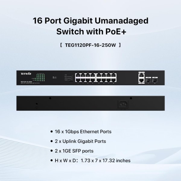Tenda TEG1120P-16-250W Switch 16 ports / Switch 18 ports Gigabit 10/100/1000 Mbps